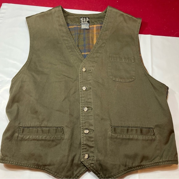 Gap Plaid Flannel 90s Lined ARMY GREEN Canvas VEST Men XL cotton Waistcoat Lined - Picture 13 of 16